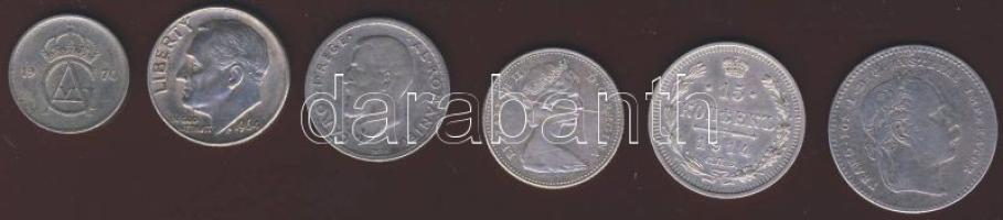 Kis Ag tétel Ausztria 1868. 20Kr Ag T:2/3 + Kanada 1967. 10c Ag T:2 k. + Oroszország 1914. 15k Ag T:2 + Romania 1911. 50b Ag T:2/3 + Svédország 1970. 10ö Ag T:2 + USA 1964. 1d Ag "Roosevelt" T:2 Összesen 6db.
