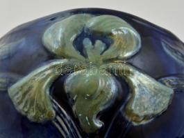 Modern szecessziós stílusú kaspó, kézze festett mázas kerámia, körpecsétes Zsolnay jelzéssel, m: 14 ...