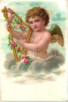 Angel with harp. Floral, litho (EK)