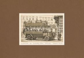 Veszprémi Endre (1925- ): Autóbusz az Andrássy úton 1915-ben, rézkarc, papír, jelzett, paszpartuban, 9,5×15 cm