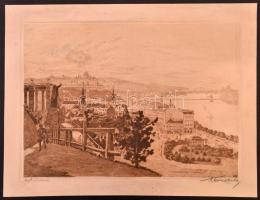 Kron Béla (1884-1965): Kilátás a Gellért-hegyről a Tabánra. Rézkarc, papír, jelzett, foltos, 25×36 c...