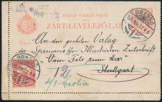 1905 Zárt levelezőlap ,,BRASSÓ" - ,,STUTTGART" 10f + 10f