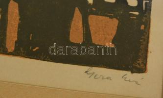 Gera Éva(1923-): Virág az ablakban. Színezett linó, papír, jelzett, üvegezett keretben, 23×20 cm