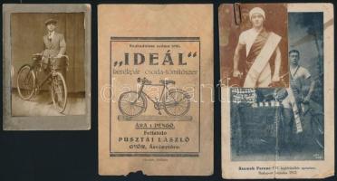 cca 1910-1930 5 db biciklis fénykép + 1 db reklám, egy részük feliratozva, különböző méretben