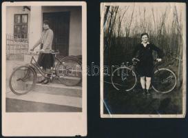 cca 1910-1930 5 db biciklis fénykép + 1 db reklám, egy részük feliratozva, különböző méretben