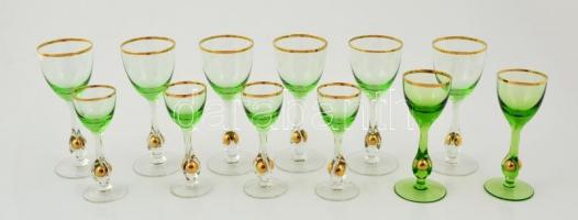 Zöld-arany színű 6 db likőrös és 6 db pezsgős pohár, hibátlanok