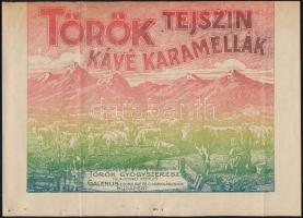 cca 1910 Török tejszín kávé karamellák - a Török Gyógyszerész tulajdonát képező Galenus Csokoládé és Cukorkaárugyár Budapest reklámja