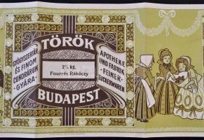 cca 1910 Török Gyógyszertár és Finom Cukoráruk Gyára Budapest csomagolópapírja, tűzésnyommal