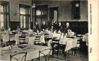 Piski, Simeria; Üdvözlet a pályaudvari étteremből, vasútállomás éttermének belseje pincérekkel. Adler fényirda / railway station restaurant, interior with waiters