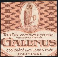 cca 1910-1920 Török Gyógyszerész tulajdonát képező Galenus Csokoládé és Cukorkaárugyár Budapest csomagolópapírja, tűzésnyommal
