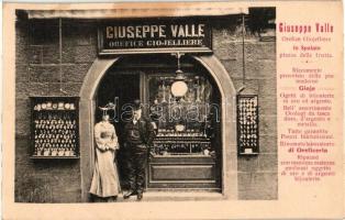 Split, Spalato; Giuseppe Valle aranyműves és ékszerész üzlete. Hátoldalon jegyzékkel / Orefice Giojelliere, Piazza delle Frutti / Goldsmith and Jeweler's shop (fl)