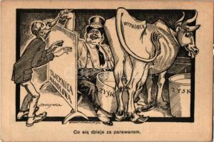 Co sie dzieje za parawanem. Tajemnica Handlowa / Polish operation of trade. Humorous political mocking art postcard s: Bogdan Nowakowski