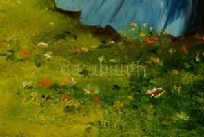 Sztopka Anna (1950-): Kékruhás nő. Olaj, farost, jelzett, 39×29 cm