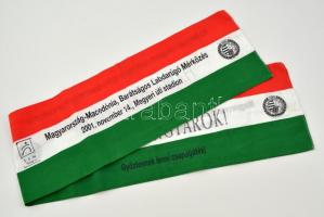 2001 Nemzeti színű zászló a Magyarország-Macedónia barátságos labdarúgó mérkőzésről, a Megyeri úti stadionavatójáról, h: 125 cm