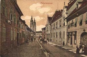 Nagyszeben, Hermannstadt, Sibiu; Fleischergasse / Hentes utca és üzletek / street view with shops