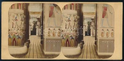 cca 1860 Egyiptomi kiállítás a londoni Kristály palotában, feliratozott színezett sztereó fénykép, 8x17 cm