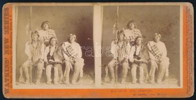 cca 1865 Indián őslakosság Amerikában, feliratozott sztereó fénykép, 9x18 cm / Indians in America, streophoto