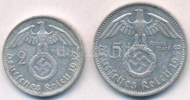 Német Harmadik Birodalom 1937F 2M Ag + 1938F 5M Ag "Hindenburg" T:2
German Third Reich 19...