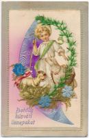 Boldog Húsvéti Ünnepeket! Térhatású dekorált litho képeslap / Easter, decorated dimensional litho postcard (EK)