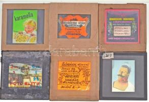 cca 1947 Fekete György (1904-1990) budapesti fényképész reklámgrafikái különféle szolgáltatásokról, termékekről, ezekről készített mozikban vetíthető üveglemez diapozitív képeket, az eladásra kínált tétel 13 db vegyes témát tartalmaz, 8x8 cm