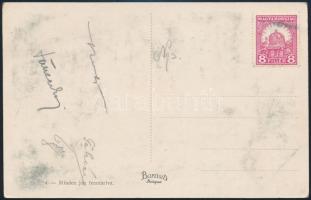 cca 1930 A Ferencváros labdarúgó csapatának játékosok aláírása képeslapon (pl.: Toldi, Lázár, Takács stb...) aláírásával. / cca 1930 Signed postcard of the FTC