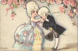 9 db RÉGI szignós szerelmespáros romantikus művészlap, vegyes minőség / 9 pre-1945 artist signed rom...