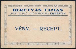 cca 1910 Beretvás Tamás Szent László gyógyszertára Kispesten, vény - recept boríték, 8x12,5 cm
