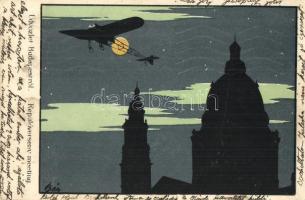 Budapest, Repülőverseny meeting. Sziluettes művészlap / Aircraft meeting, silhouette art postcard s: Bér