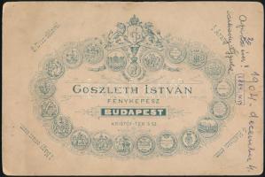 1904 Sarkady Gyula (1884-?) százados portréja, keményhátú fotó Goszleth budapesti műterméből, hátulj...