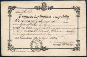1865 Fegyvertarthatási / fegyvertartási engedély dobrai lakos, Batthyányi Ferenc vadásza részére 1Fl illetékbélyeggel / 1865 Gun licence