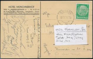 1939 A Ferencváros játékosainak (Kiss, Gyetvai, Toldi, Pósa, Nagy, Bíró, ) aláírásai Bécsből küldött levelezőlapon