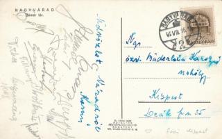1942 a Kispest játékosainak (Egresy, Zalai, Csizmadia, Titkos, Hidasi, Ónody, Nagy.) aláírásai Nagyváradról küldött levelezőlapon