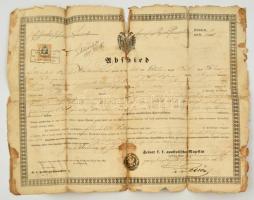 1866 Katonai végelbocsájtó levél (obsit) a cs. és kir. József főherceg 37. gyalogezredben szolgáló katona részére, ragasztott, viseltes állapotban, 38x49 cm
