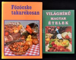 2 db szakácskönyv: Főzőcske takarékosan; Világhírű magyar ételek. Papír-, illetve kartonált papírkötésben, jó állapotban.