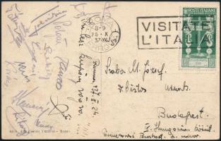 1937 A Ferencváros (FTC) labdarúgóinak aláírása, többek közt Sárosi György (1912-1993) Toldi Géza (1909-1985) és Kemény Tibor (1913-1992) aláírásaival, Rómából küldött képeslapon / 1937 Signed postcard of the FTC from Rome