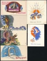 cca 1940 14 db Bozó Gyula (1913-2004) grafikus-iparművész által tervezett üdvözlő kártya, közte néhány egyformával, 7x12 és 10,5x9cm