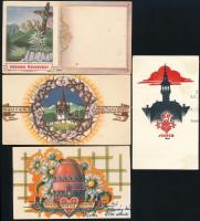 cca 1940 14 db Bozó Gyula (1913-2004) grafikus-iparművész által tervezett üdvözlő kártya, közte néhá...