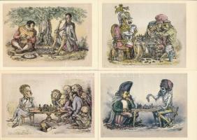12 Postkarten zum Schachspiel nach Lithographien von A. Paul Weber / 12 db sakk képeslap saját tokjá...