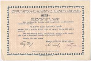 Budapest 1923. Kékkuti Gyógy- és Ásványvíz Részvénytársaság részvényutalvány 25.000K-ról (2x) egyugrásos sorszámkövetők T:II-,III fo., kis szakadás