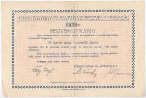 Budapest 1923. "Kékkuti Gyógy- és Ásványvíz Részvénytársaság" részvényutalvány 25.000K-ról (2x) egyugrásos sorszámkövetők T:II-,III fo., kis szakadás