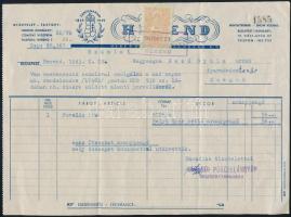 1943 Herendi Porcelángyár díszes fejléces számla, Bozó Gyula (1913-2004) grafikus-iparművész nevére kiállítva, okmánybélyeggel 17x23 cm