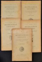 1902 Archaeologiai Értesítő. XXII. kötet 1-5. szám. Szerk.: Hampel József. Bp., 1902, MTA. Kiadói papírkötésben, változó állapotban, kissé szakadozott gerinccel, egy szám szakadozott borítóval, sérült kötéssel ( 5. számok), de a többi jó állapotban, XXXII+448 p. Teljes! Felvágatlan számokkal!