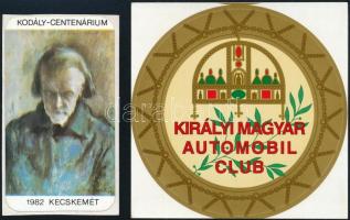 2 db kisméretű matrica: Királyi Magyar Automobil Club; Kodály-centenárium Kecskemét