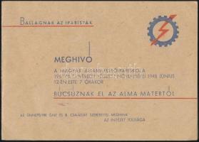 1948 Szegedi Magyar Állami Felsőipariskola ballagási meghívója, Bozó Gyula (1913-2004) grafikus-iparművésznek címezve