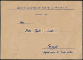1948 Szegedi Magyar Állami Felsőipariskola ballagási meghívója, Bozó Gyula (1913-2004) grafikus-ipar...