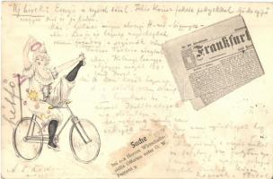 Cycling clown lady, bicycle, newspaper (EK)