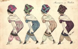 Mannequins en Ballade / Four ladies with hats, French art postcard s: Xavier Sager (ragasztónyom / glue mark)