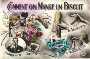 Comment on Mange un Biscuit, Dabord Savoir le Tenir... / French ambiguous erotic postcard on how to eat a biscuit, sexual humor, Dédé Paris