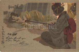 1899 Iris. Japanese geishas, folklore, Japonism art postcard, G. Ricordi & C. litho s: Hohenstein (EK)
