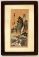 Japán selyem festmény, vegyes technika, jelzett, üvegezett fa keretben, 14x6,5 cm